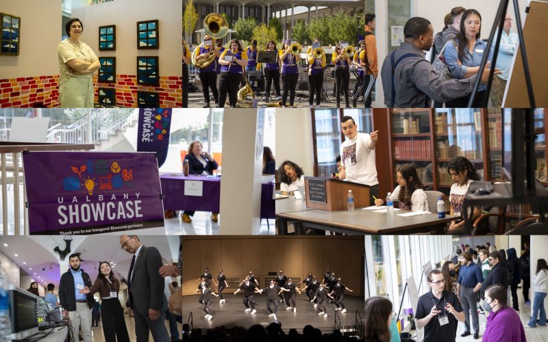 a collage of 8 photos showing art, marching band, dance and poster demonstrations 
