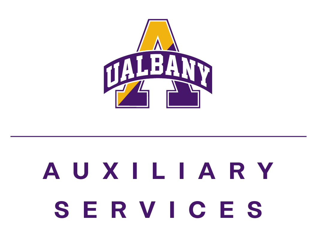 Large A that is split in half with gold and purple. "UAlbany" written across the A in a banner. Auxiliary Services in purple below the A