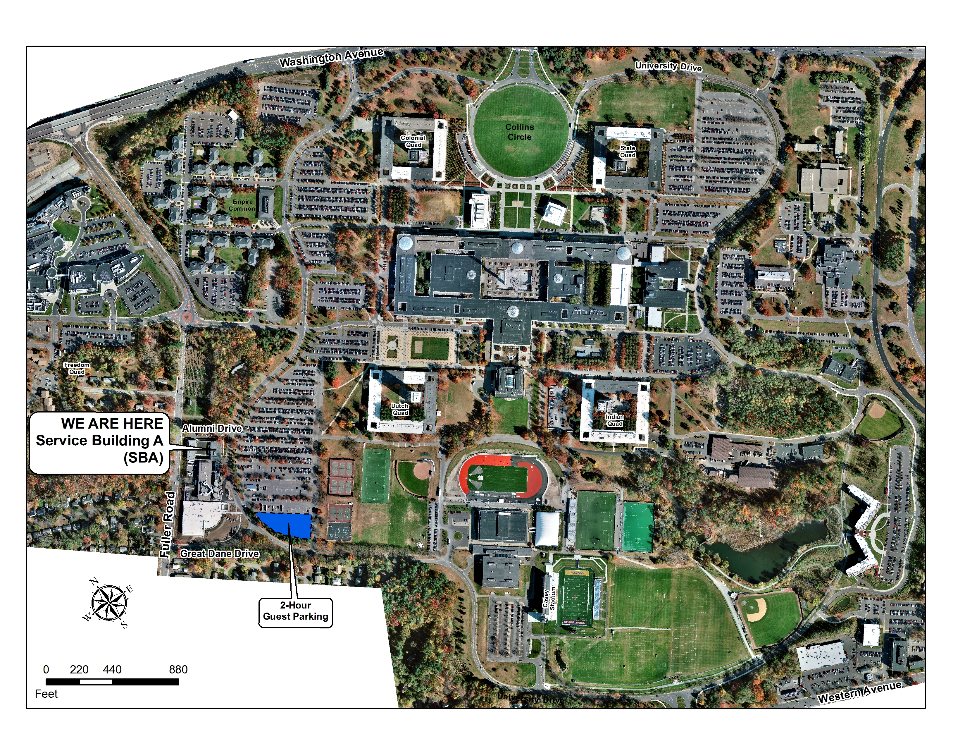 The location of Service Building A on the University Map