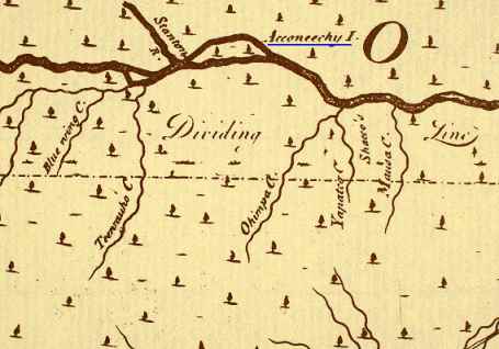 Close-up view of 1733 map of North Carolina showing Occaneechi Island on Roanoke River.