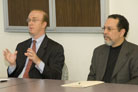 Peter Applebee '99 and Professor Jose Cruz discuss New York's gubernatorial race during a Homecoming panel discussion.