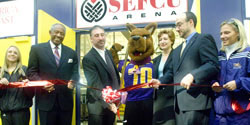 Joining in the ribbon-cutting ceremony for the SEFCU Arena were Director of Athletics Lee McElroy, SEFCU President Michael J. Castellana, UAlbany's Officer in Charge Susan Herbst, and SUNY Board of Trustees member Robert J. Bellafiore.