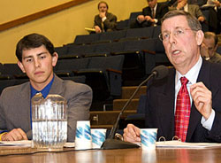 President Kermit Hall testified before the Assembly and Senate committees on higher education. With him is Zack Berkovich, president for the day.
