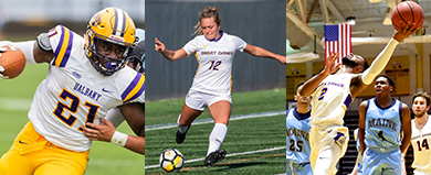 3 UAlbany players in action in football, women's soccer and men's basketball