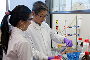 Chemist Jia Sheng works in the lab with a Ph.D. student