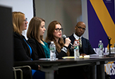 Photo of panelists at human trafficking discussion on campus.