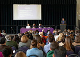 School of Public Health Dean David Holtgrave addresses hundreds of campus community members at Wednesday's town hall.