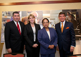 President Philip stands with Research Allicance representatives Jessica Gabriel of Empire State Development and presidents Shirley Ann Jackson of RPI and , Presidents James J. Barba of Albany Medical Center. 