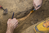 Hands uncover an artifact at the Ten Broeck site in Albany