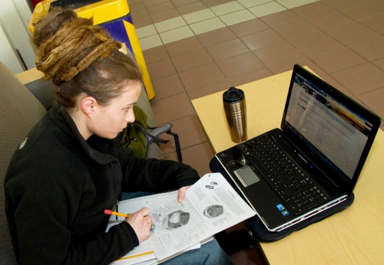 UAlbany student Emma Cerasoli sitting in front of her laptop in the Campus Center