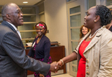 UAlbany President Robert Jones greets a Kenyan government delegation
