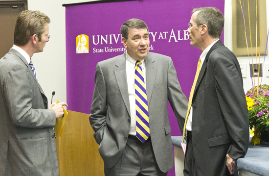From left, University Council Chair Dan Tomson, UAlbany President George M. Philip and N.Y.S. Commissioner of Health Richard F. Daines, M.D.