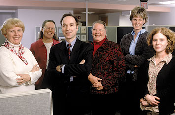 Zvi Gellis, third from left, is shown here in this 2003 photo with members of his  research team that found high rates of depressive symptoms in medically ill adults who were 65 years old and older and receiving home health care services. From left: Jean McGinty, director of St. Peter's Home health care; Jean Burton, medical social worker with the St. Peter's Homecare agency; Gellis; home care supervisor Linda Tierney; social worker Elizabeth Misener; and Alison Ruggiero, Gellis's graduate social work assistant.