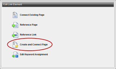 Edit Link Element window with Create and Connect Page option
