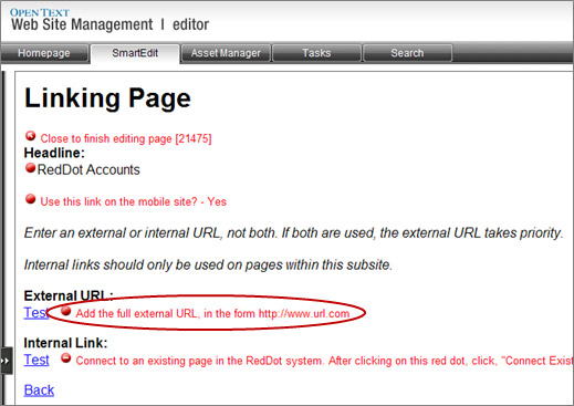 Linking Page window with Add the full external URL red dot