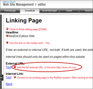 Add the full external URL, in the form http://www.url.com red dot