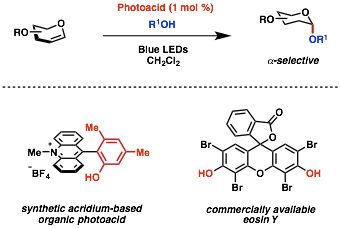 A depiction of stereoselective synthesis of 2-Deoxyglycosides from Glycals by visible-light-induced photoacid catalysis.
