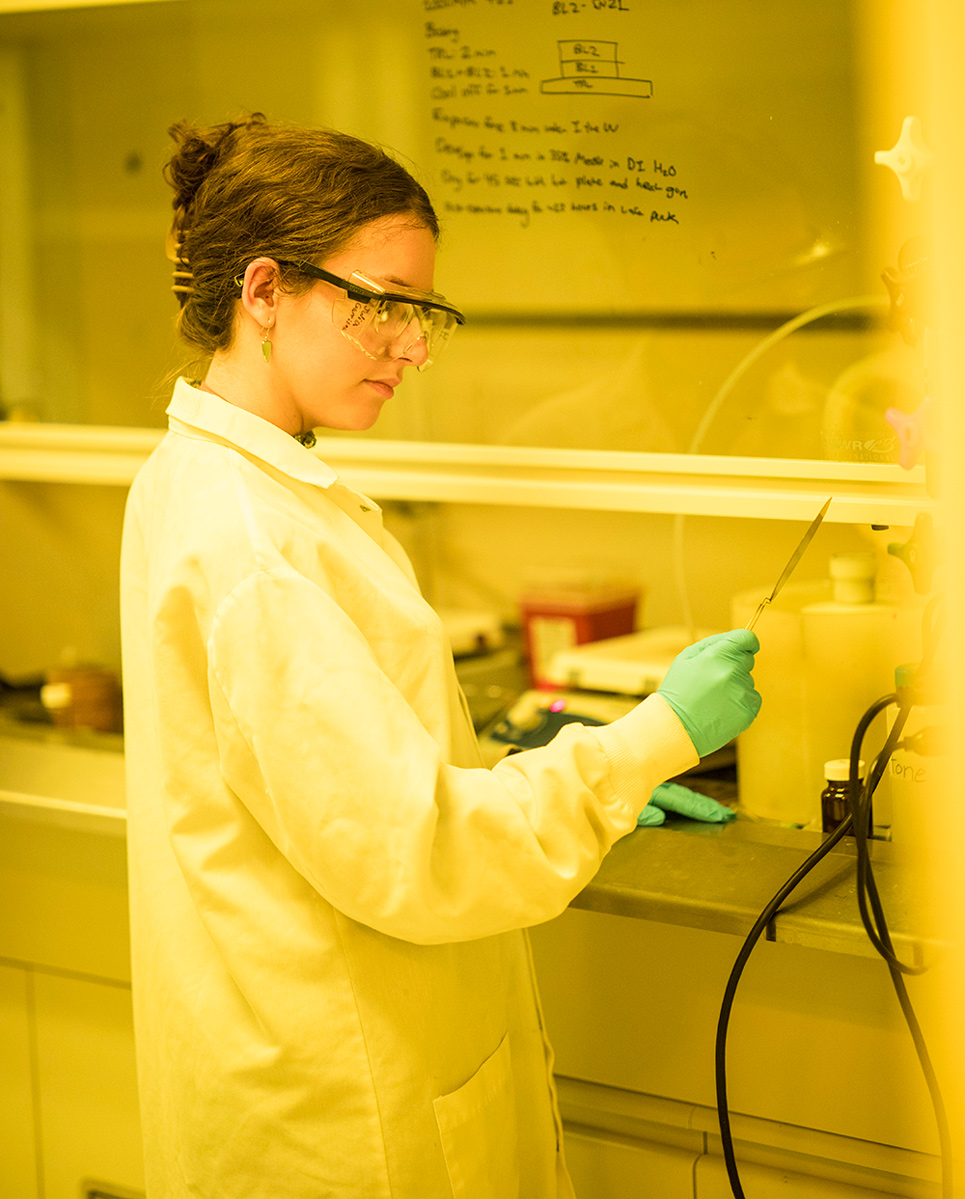 A student conducting research in a UAlbany nanotechnology lab.