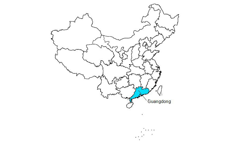 A black-and-white map of China, with the provinces outlined in black and Guangdong Province labeled and highlighted in blue.