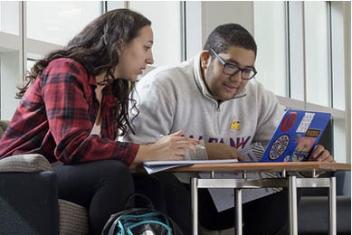 A male and Female student studying together and sharing a laptop