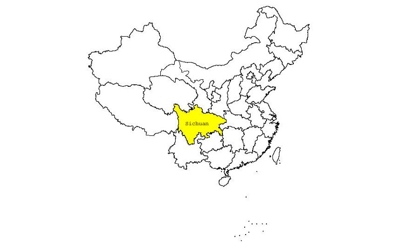 A black-and-white map of China, with the provinces outlined in black and Sichuan Province labeled and highlighted in yellow.