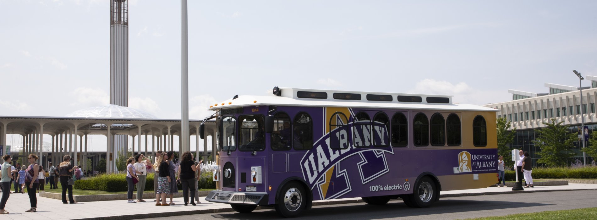 The UAlbany trolley parked in Collins Circle