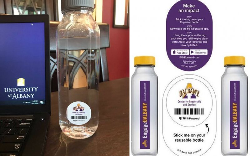 A water bottle stands next to laptop with the words University at Albany, next to images of water bottles and labels for adding a tag to track water usage