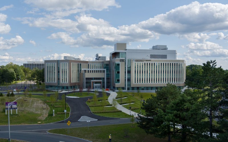 View of the ETEC building with surrounding road entrances and greenery