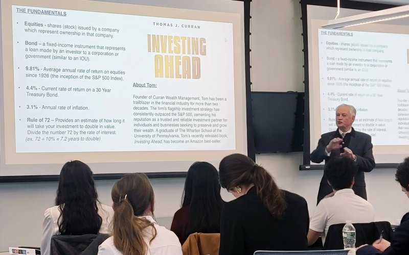 Thomas Curran of Curran Wealth Management discusses the keys to smart investing with students at UAlbany's Massry School of Business.