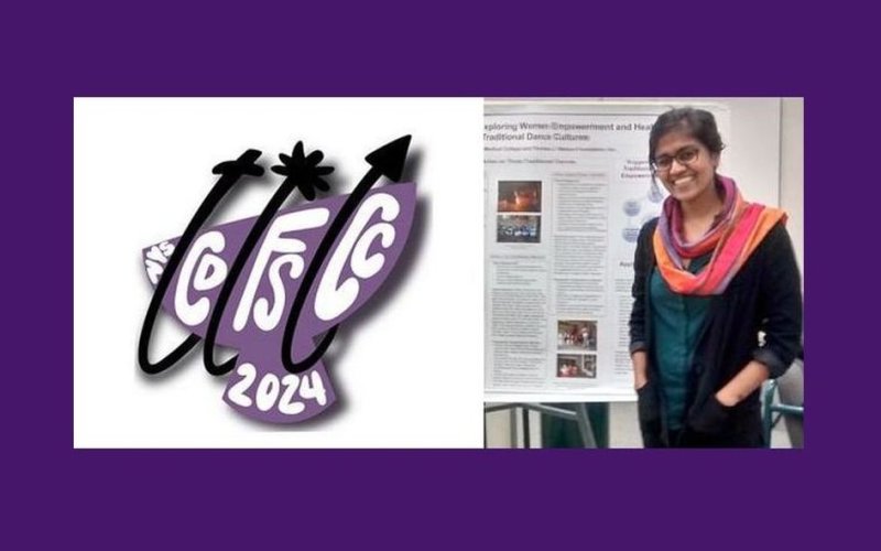 A logo reading CDFSCC 2024 next to an image of a woman in a colorful scarf and black jacket standing in front of a research poster