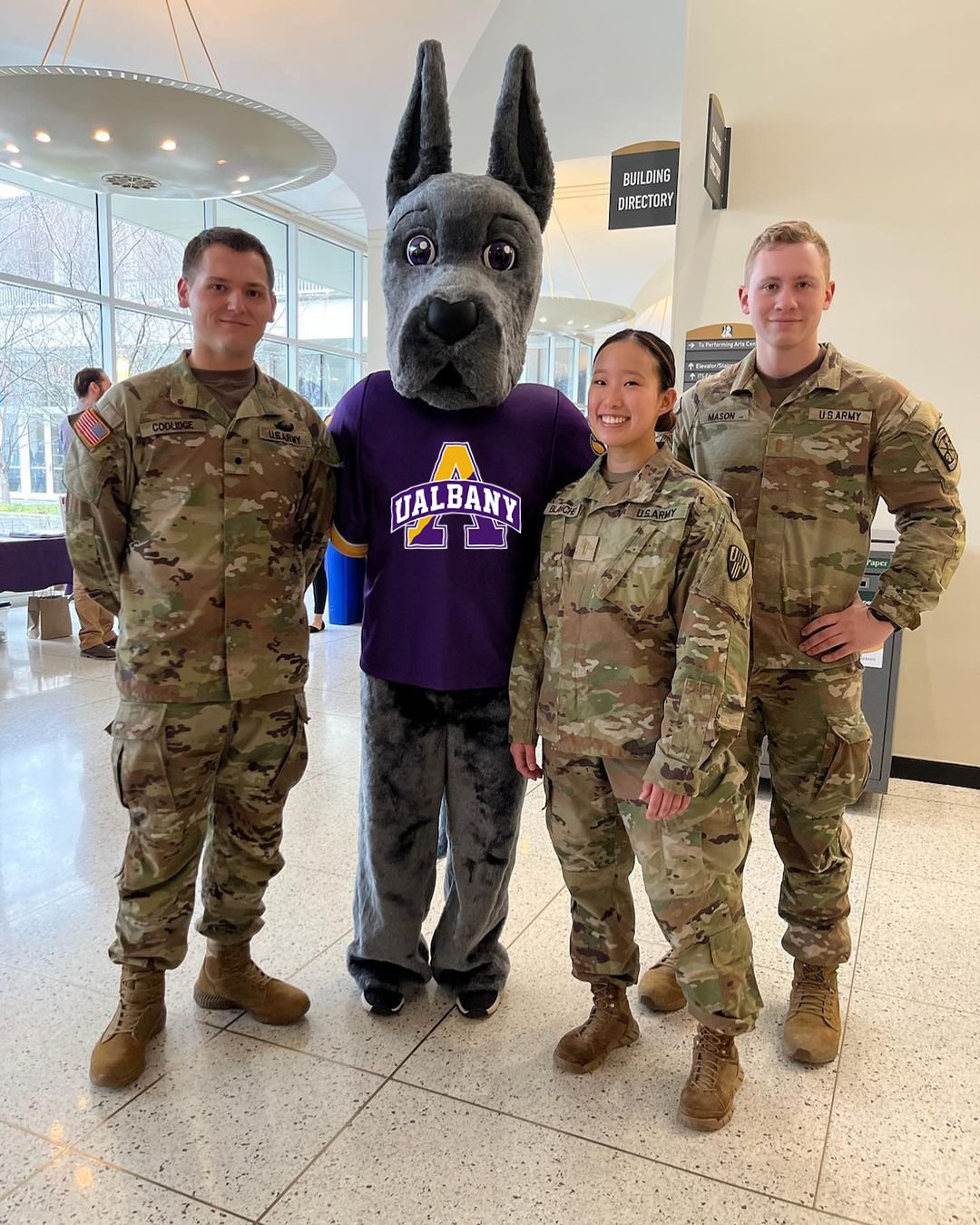Army ROTC members with Damien the Great Dane mascot on UAlbany Accepted Students Day.