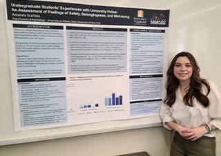 A woman with long, brown hair in a white blouse and olive pants stands next to a research poster titled, 'Undergraduate Students' Experiences with University Police: An Assessment of Feelings of Safety, Belongingness and Well-being,' with a byline underneath that reads 'Amanda Scarlata.'