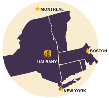 Regional map depicting UAlbany in relation to Montreal, Boston and New York City