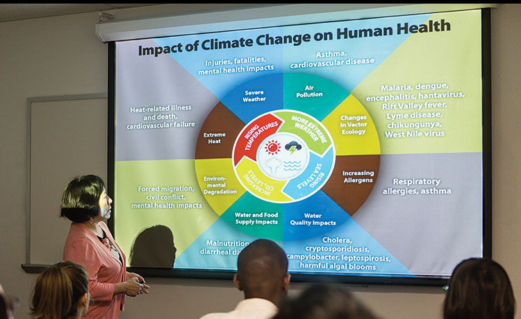 Professor Lin presents a power point slide demonstrating impact of climate change