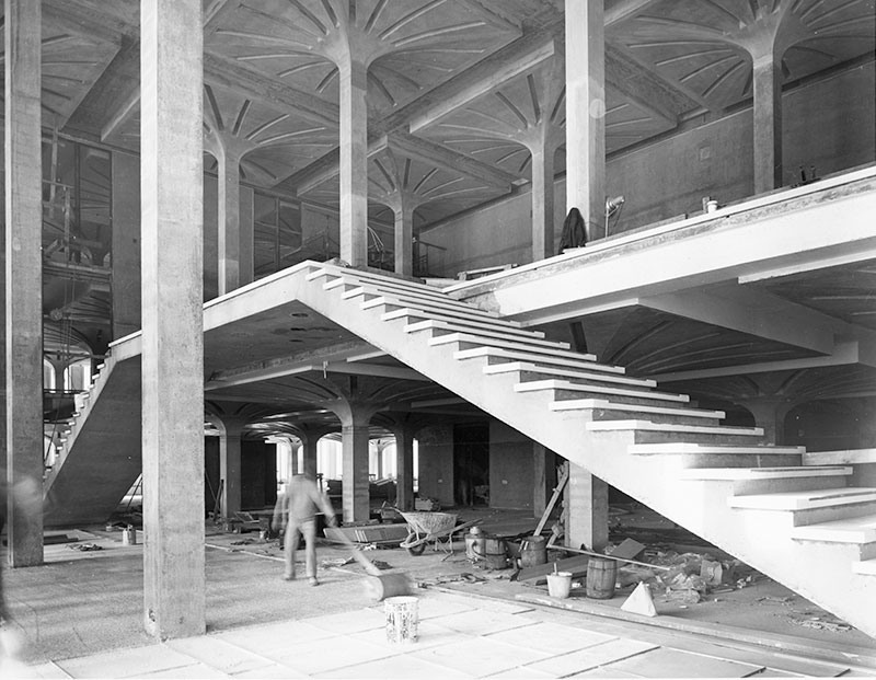 Staircase under construction at the main entrance to the library.