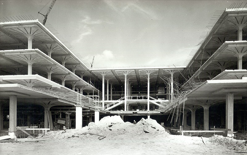The construction of the podium looking west at the library.