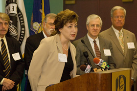 University at Albany Officer in Charge Susan Herbst addresses media at the summit kickoff.