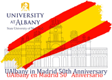 Logo for the UAlbany Madrid 50th Anniversary Celebration featuring the red and yellow colors of the Spanish flag.