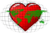 Image of red heart in the background with an overlay of a green map of the world in the foreground