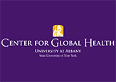 A gold and white Minerva logo at the top, then white text on a purple background that says the Center for Global Health logo and below that it says University at Albany, State University of New York.