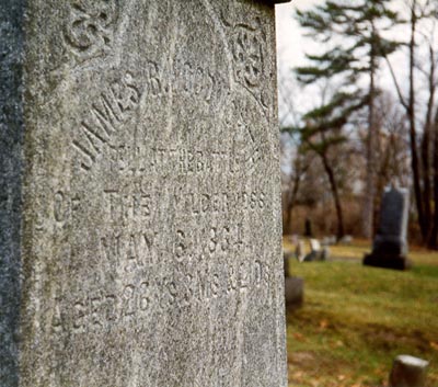 Memorial to James Woodworth, on the grave stone of Thomas and Phebe Burroughs, Phebe Woodworth's parents.  Stone reads 'James R. Woodworth Fell at the Battle of the Wilderness, May 6, 1864 Aged 26 Ys, 3 Ms, & 24 Ds.'  The stone is in error.  He died May 8 at Laurel Hill.