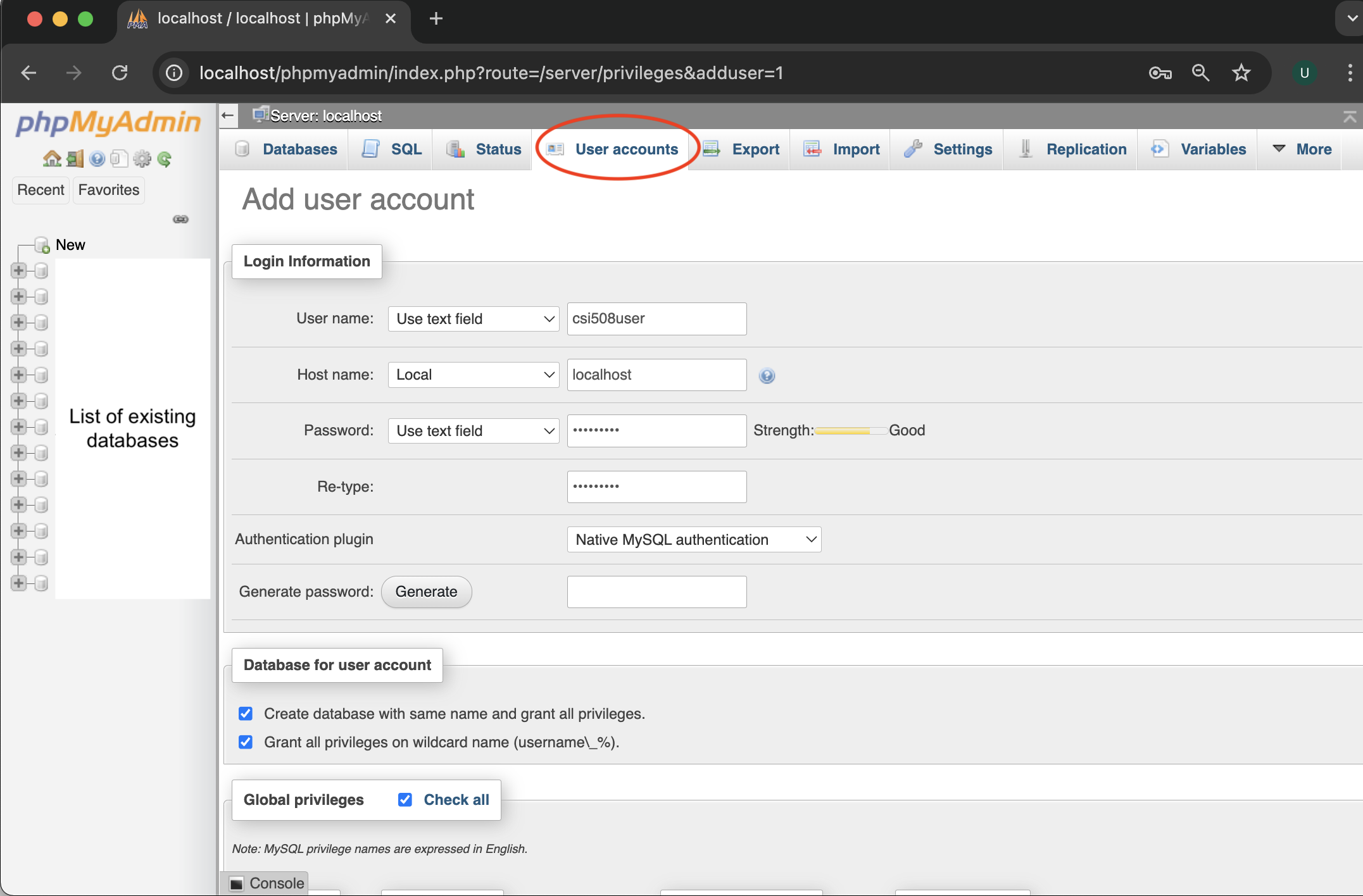 sample screen to add a user account