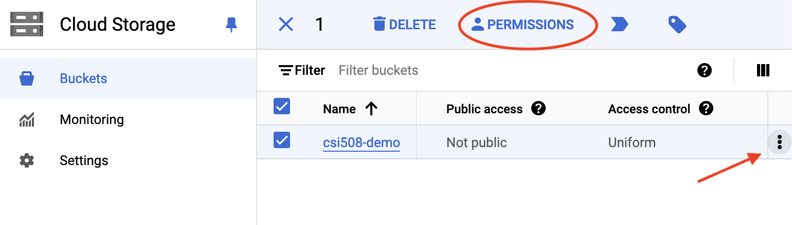 image showing how to set permission on a bucket