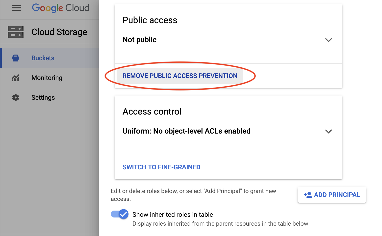 image showing how to set permission on a bucket