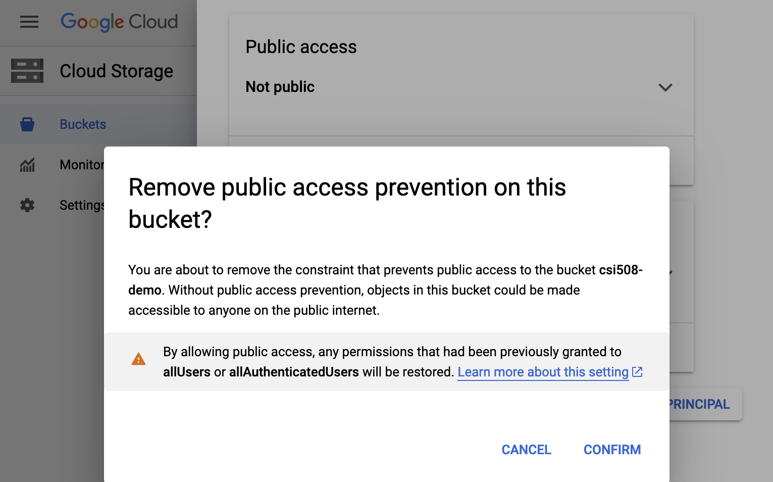 image showing how to set permission on a bucket