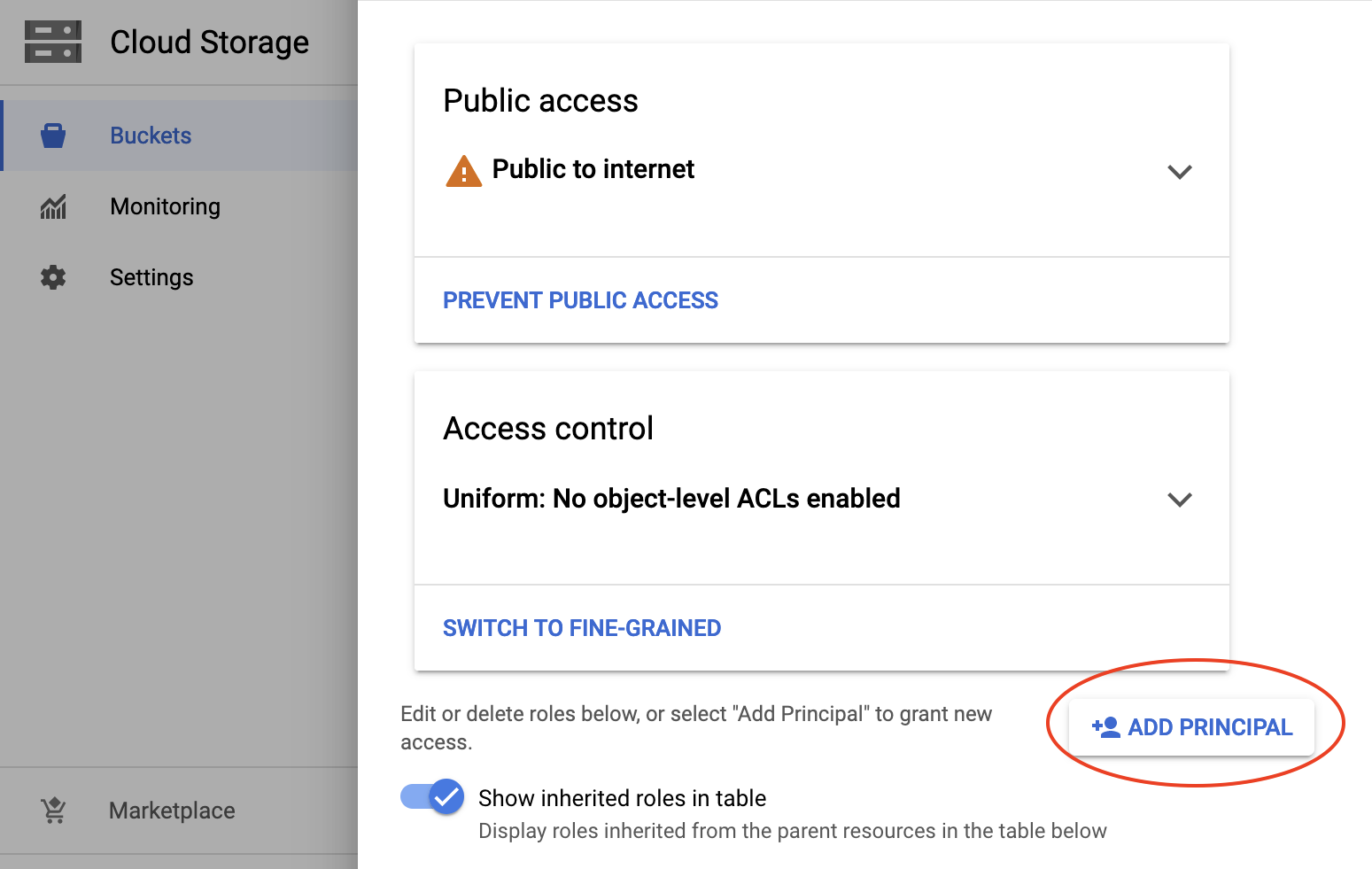 image showing how to set permission on a bucket