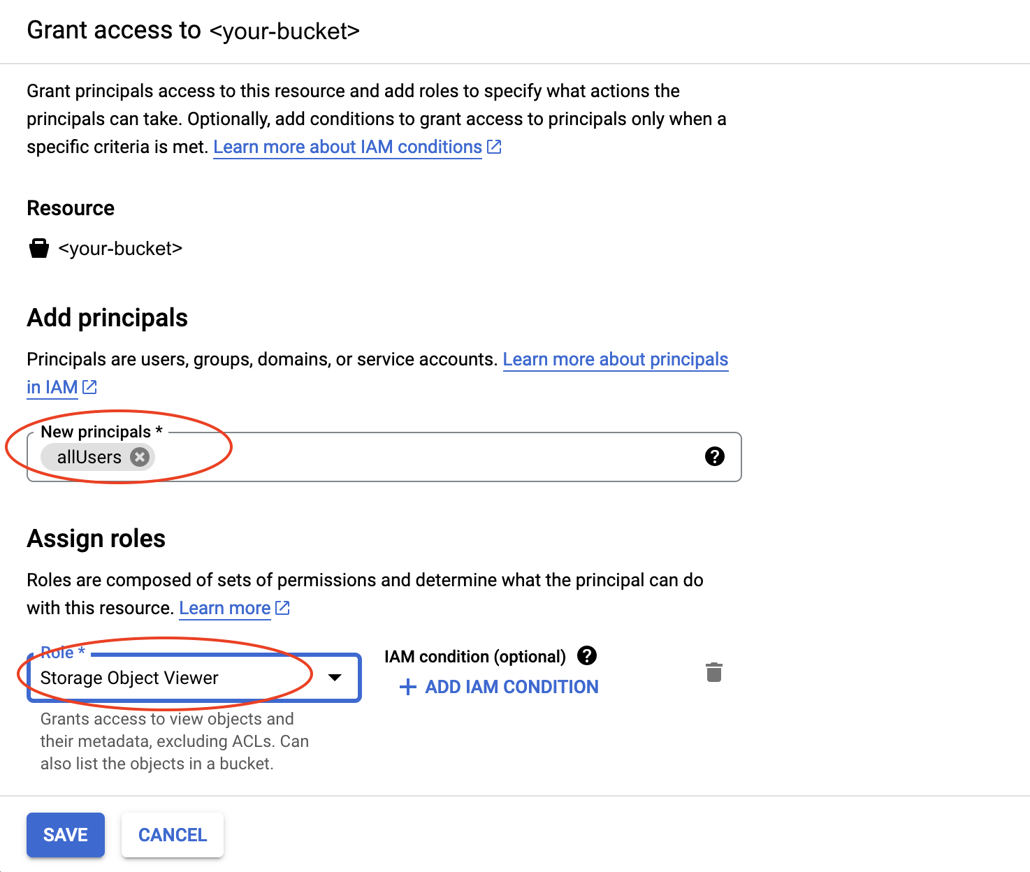 image showing how to set permission on a bucket