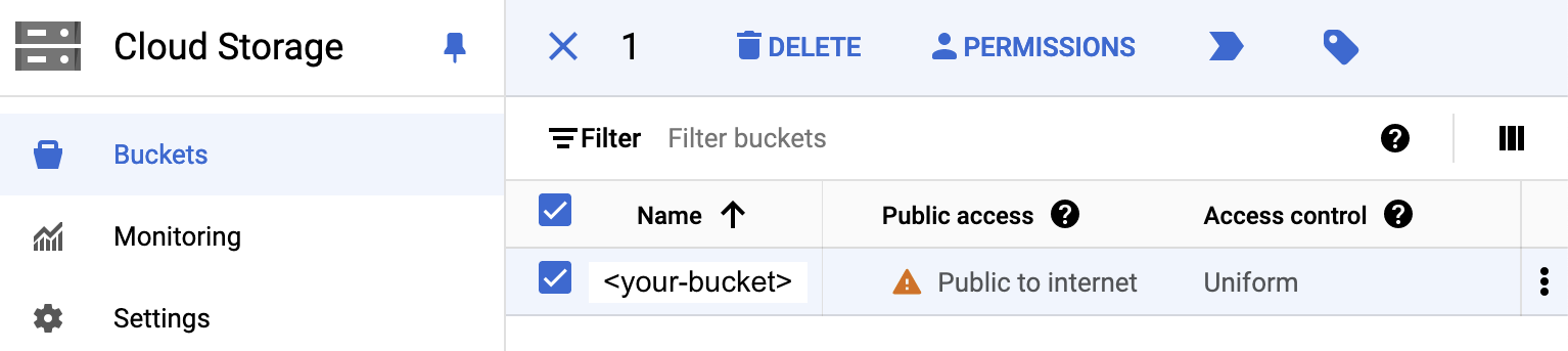 image showing how to set permission on a bucket