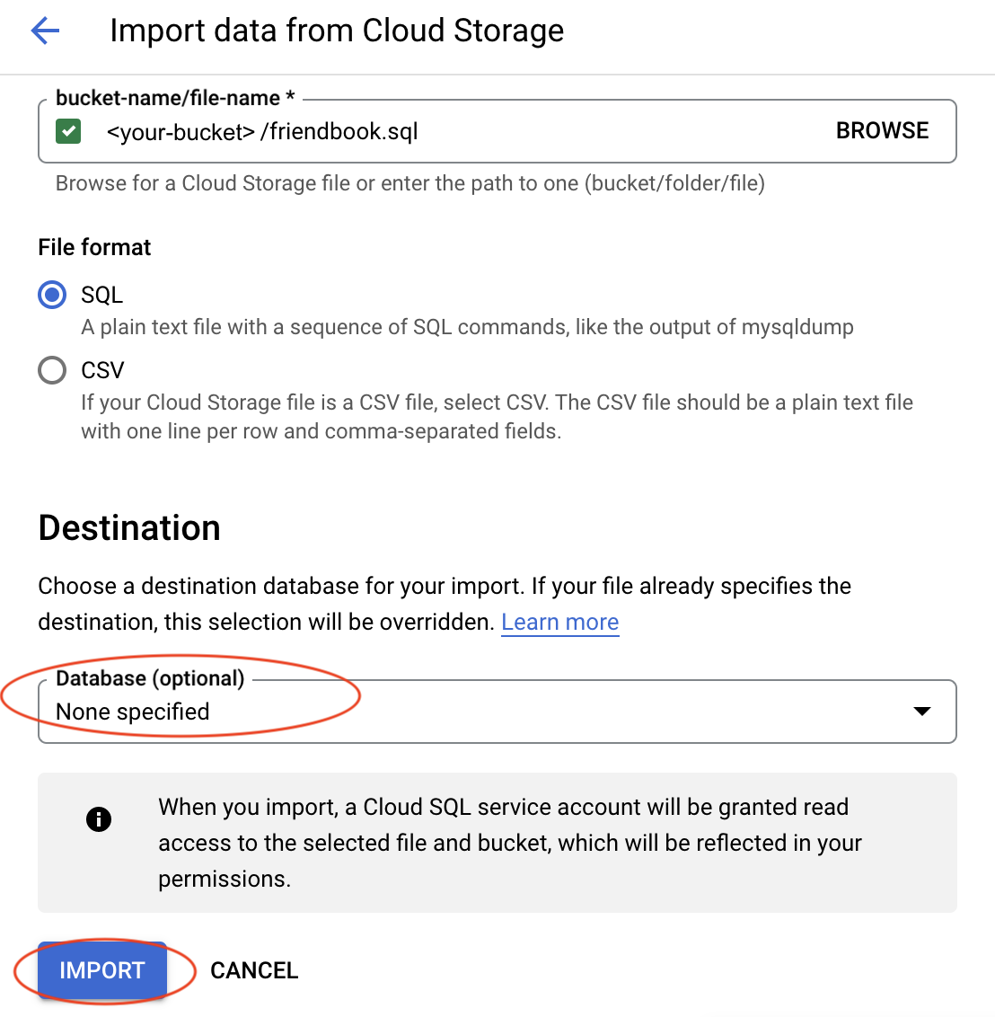 image showing how to import a .sql file to the Cloud SQL instance