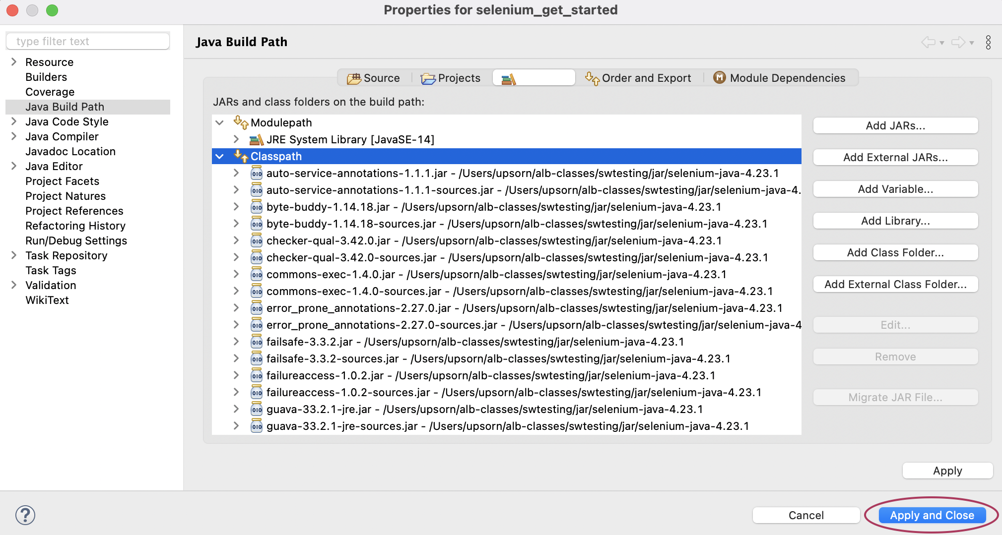 image showing all Selenium Jars in classpath